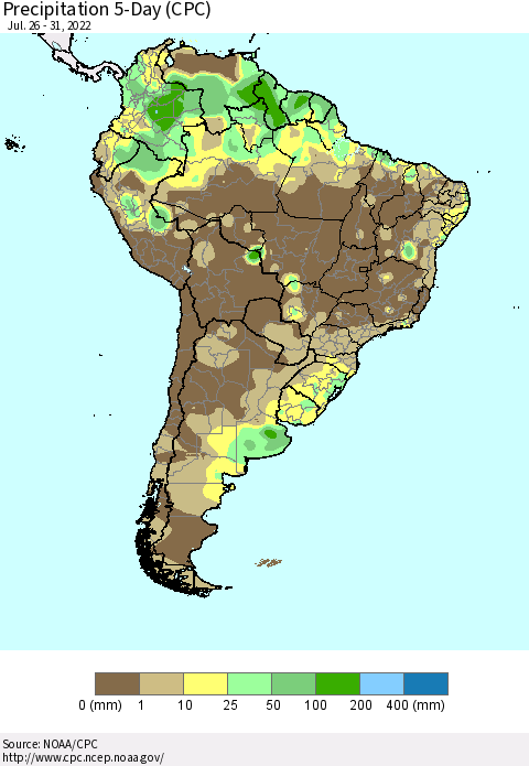 South America Precipitation 5-Day (CPC) Thematic Map For 7/26/2022 - 7/31/2022