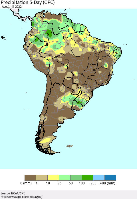 South America Precipitation 5-Day (CPC) Thematic Map For 8/1/2022 - 8/5/2022