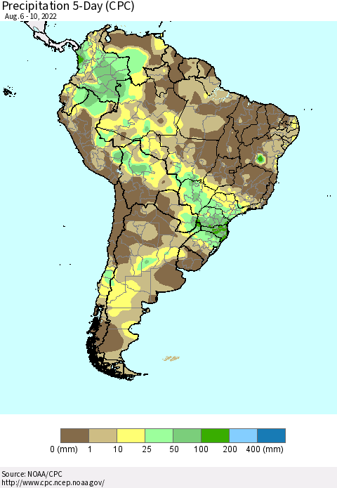 South America Precipitation 5-Day (CPC) Thematic Map For 8/6/2022 - 8/10/2022