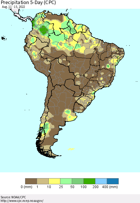 South America Precipitation 5-Day (CPC) Thematic Map For 8/11/2022 - 8/15/2022