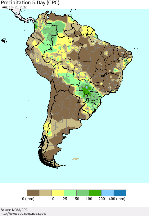 South America Precipitation 5-Day (CPC) Thematic Map For 8/16/2022 - 8/20/2022