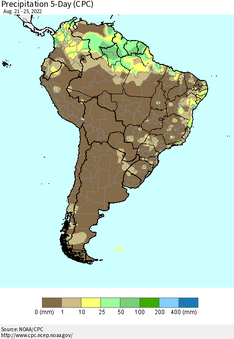 South America Precipitation 5-Day (CPC) Thematic Map For 8/21/2022 - 8/25/2022
