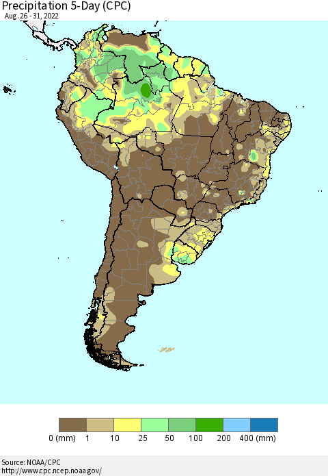 South America Precipitation 5-Day (CPC) Thematic Map For 8/26/2022 - 8/31/2022