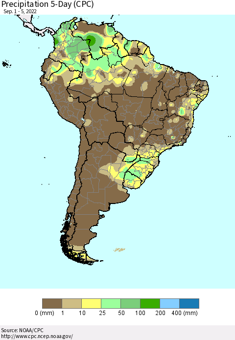 South America Precipitation 5-Day (CPC) Thematic Map For 9/1/2022 - 9/5/2022