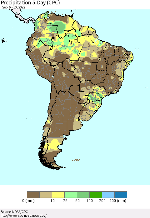South America Precipitation 5-Day (CPC) Thematic Map For 9/6/2022 - 9/10/2022
