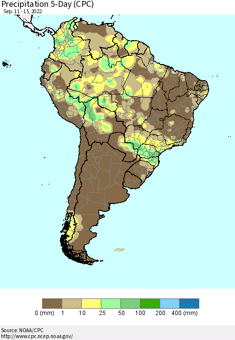 South America Precipitation 5-Day (CPC) Thematic Map For 9/11/2022 - 9/15/2022