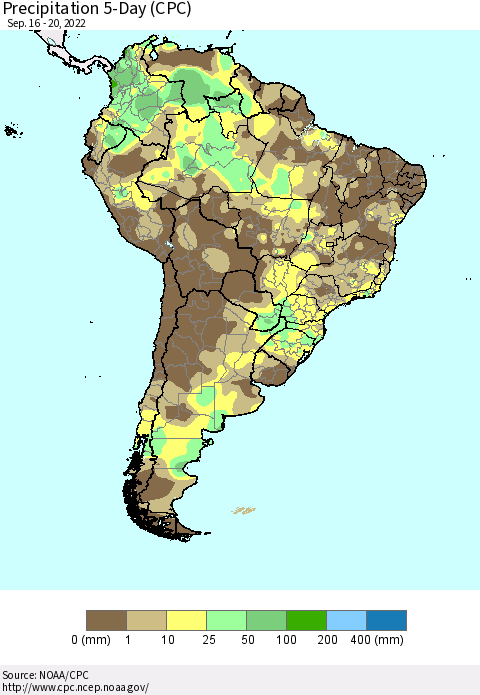 South America Precipitation 5-Day (CPC) Thematic Map For 9/16/2022 - 9/20/2022
