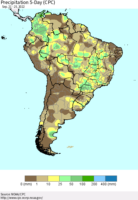 South America Precipitation 5-Day (CPC) Thematic Map For 9/21/2022 - 9/25/2022