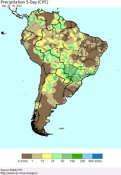 South America Precipitation 5-Day (CPC) Thematic Map For 9/26/2022 - 9/30/2022