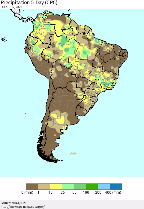 South America Precipitation 5-Day (CPC) Thematic Map For 10/1/2022 - 10/5/2022