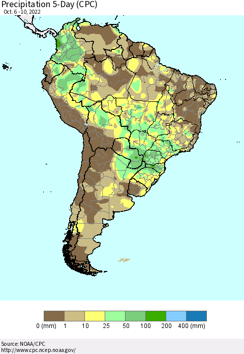 South America Precipitation 5-Day (CPC) Thematic Map For 10/6/2022 - 10/10/2022