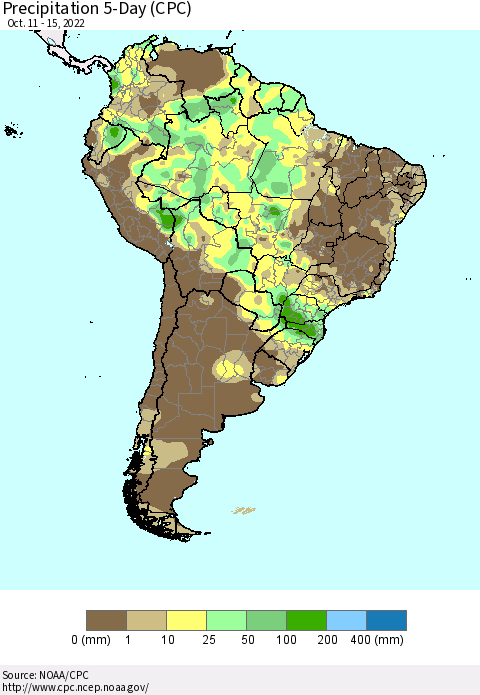 South America Precipitation 5-Day (CPC) Thematic Map For 10/11/2022 - 10/15/2022