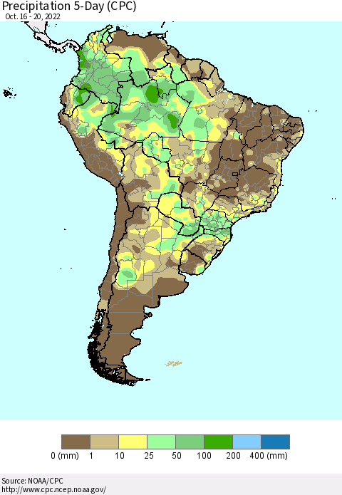 South America Precipitation 5-Day (CPC) Thematic Map For 10/16/2022 - 10/20/2022