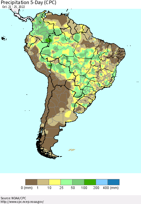 South America Precipitation 5-Day (CPC) Thematic Map For 10/21/2022 - 10/25/2022