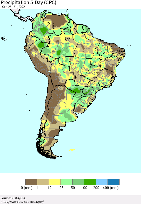 South America Precipitation 5-Day (CPC) Thematic Map For 10/26/2022 - 10/31/2022
