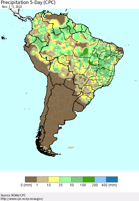 South America Precipitation 5-Day (CPC) Thematic Map For 11/1/2022 - 11/5/2022