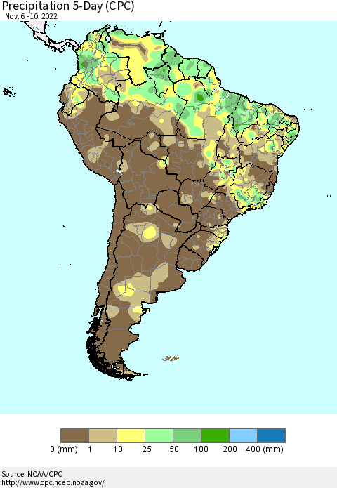 South America Precipitation 5-Day (CPC) Thematic Map For 11/6/2022 - 11/10/2022