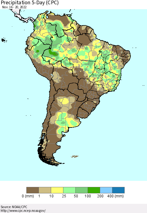 South America Precipitation 5-Day (CPC) Thematic Map For 11/16/2022 - 11/20/2022