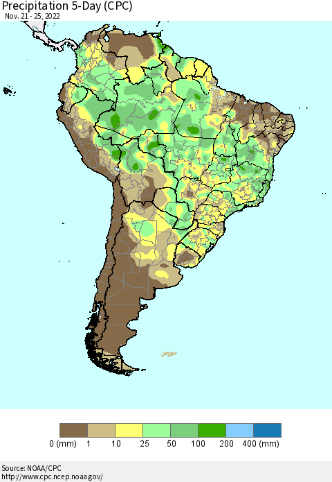 South America Precipitation 5-Day (CPC) Thematic Map For 11/21/2022 - 11/25/2022