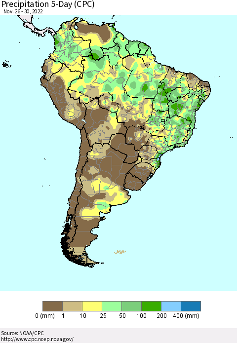 South America Precipitation 5-Day (CPC) Thematic Map For 11/26/2022 - 11/30/2022