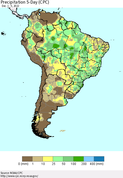 South America Precipitation 5-Day (CPC) Thematic Map For 12/1/2022 - 12/5/2022