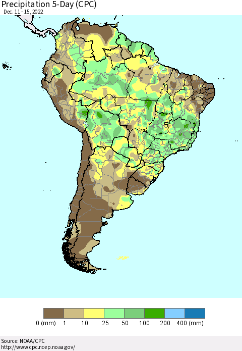 South America Precipitation 5-Day (CPC) Thematic Map For 12/11/2022 - 12/15/2022