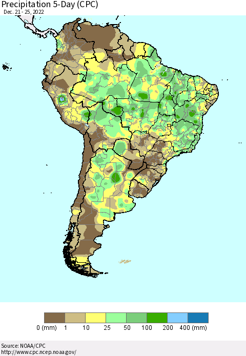 South America Precipitation 5-Day (CPC) Thematic Map For 12/21/2022 - 12/25/2022