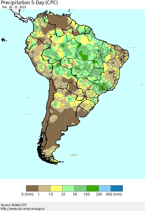 South America Precipitation 5-Day (CPC) Thematic Map For 12/26/2022 - 12/31/2022