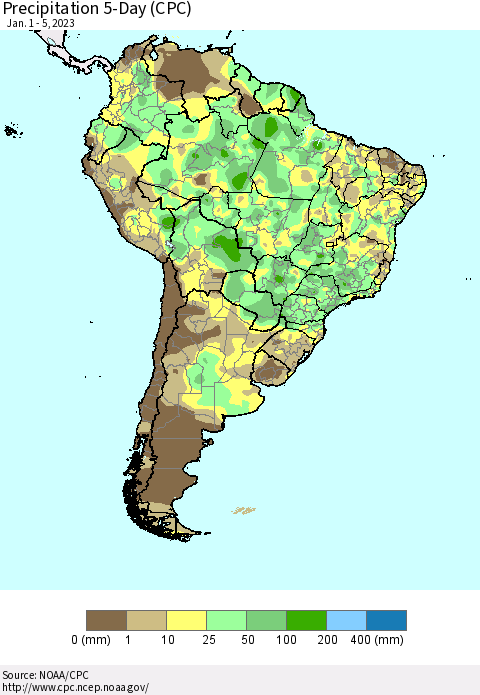 South America Precipitation 5-Day (CPC) Thematic Map For 1/1/2023 - 1/5/2023