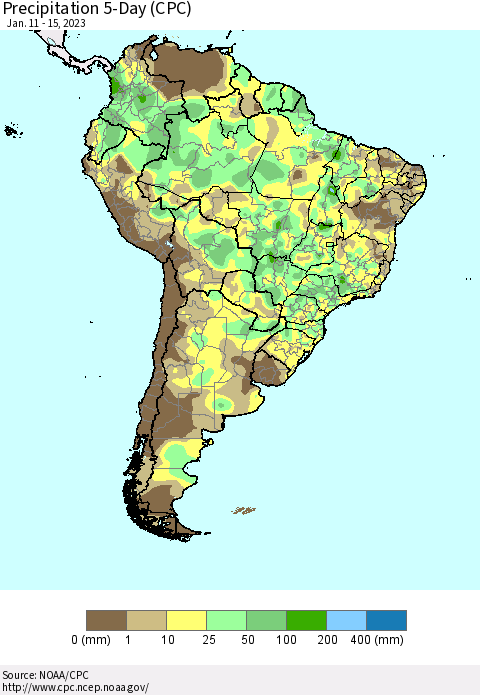 South America Precipitation 5-Day (CPC) Thematic Map For 1/11/2023 - 1/15/2023