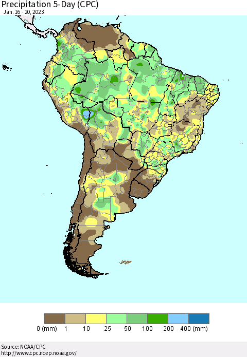 South America Precipitation 5-Day (CPC) Thematic Map For 1/16/2023 - 1/20/2023