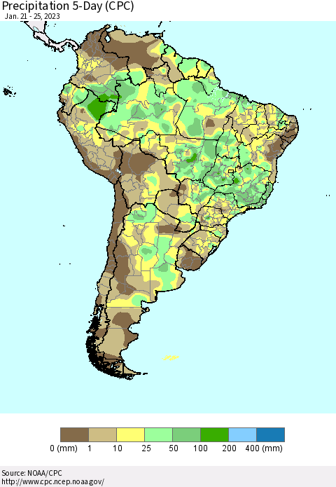 South America Precipitation 5-Day (CPC) Thematic Map For 1/21/2023 - 1/25/2023
