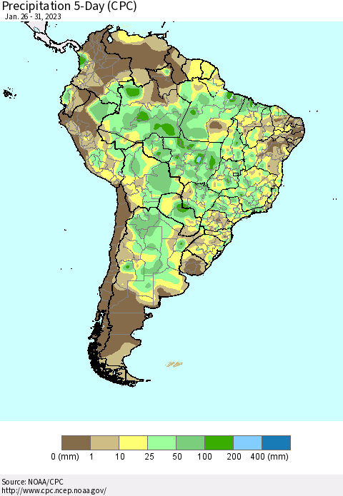 South America Precipitation 5-Day (CPC) Thematic Map For 1/26/2023 - 1/31/2023