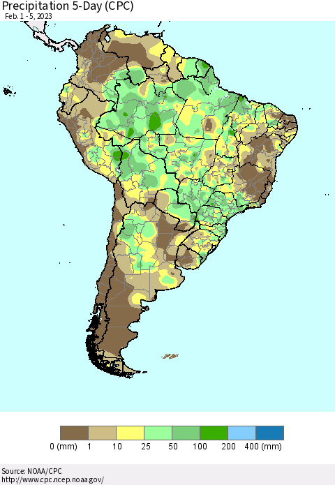 South America Precipitation 5-Day (CPC) Thematic Map For 2/1/2023 - 2/5/2023