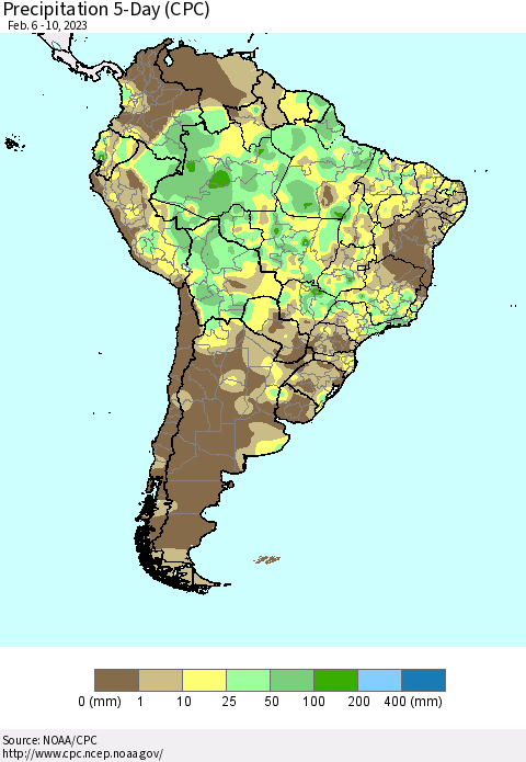 South America Precipitation 5-Day (CPC) Thematic Map For 2/6/2023 - 2/10/2023