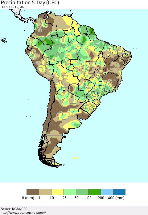 South America Precipitation 5-Day (CPC) Thematic Map For 2/11/2023 - 2/15/2023