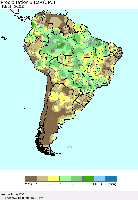 South America Precipitation 5-Day (CPC) Thematic Map For 2/16/2023 - 2/20/2023
