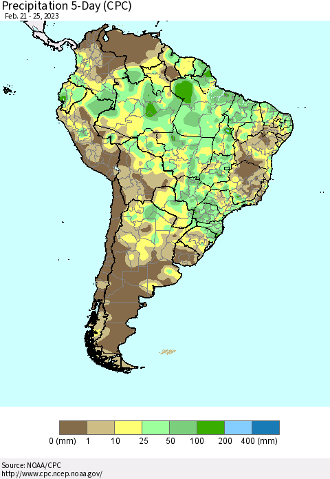 South America Precipitation 5-Day (CPC) Thematic Map For 2/21/2023 - 2/25/2023