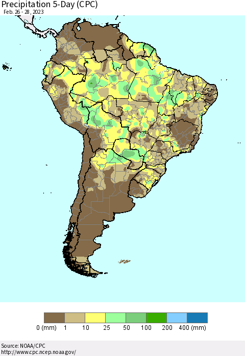 South America Precipitation 5-Day (CPC) Thematic Map For 2/26/2023 - 2/28/2023