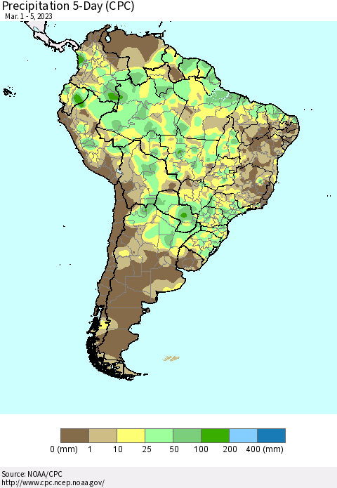 South America Precipitation 5-Day (CPC) Thematic Map For 3/1/2023 - 3/5/2023