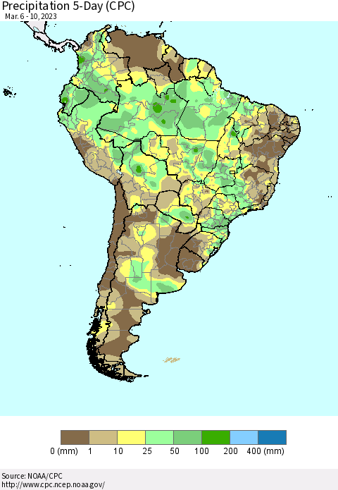 South America Precipitation 5-Day (CPC) Thematic Map For 3/6/2023 - 3/10/2023