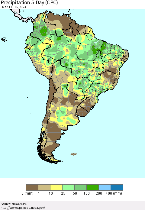 South America Precipitation 5-Day (CPC) Thematic Map For 3/11/2023 - 3/15/2023