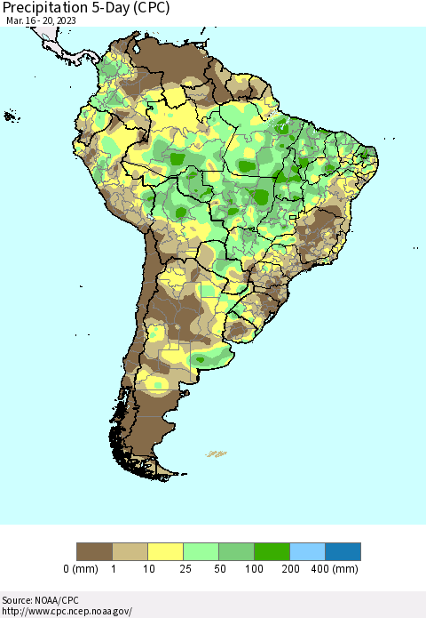 South America Precipitation 5-Day (CPC) Thematic Map For 3/16/2023 - 3/20/2023