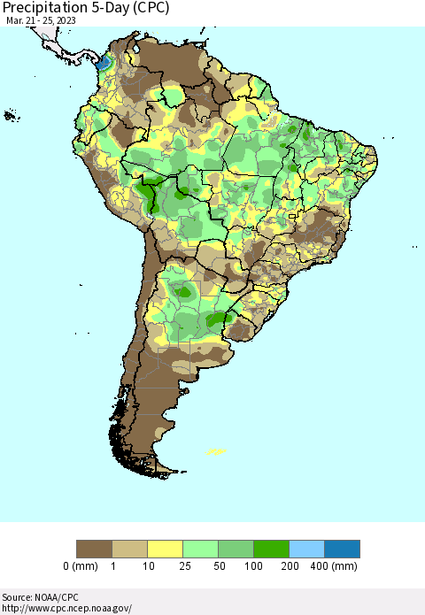 South America Precipitation 5-Day (CPC) Thematic Map For 3/21/2023 - 3/25/2023