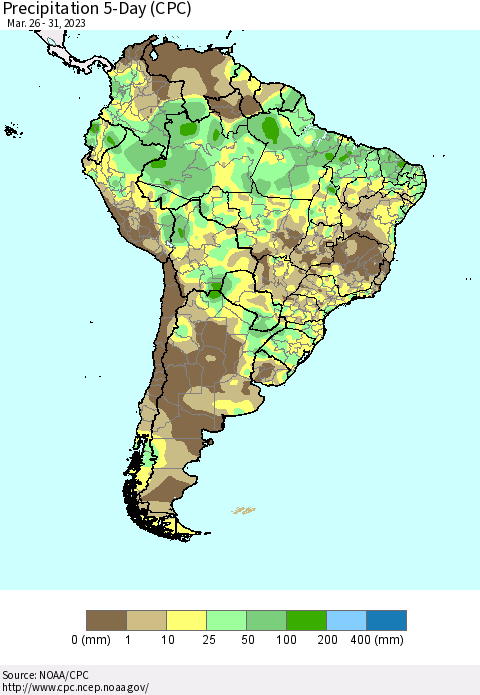 South America Precipitation 5-Day (CPC) Thematic Map For 3/26/2023 - 3/31/2023