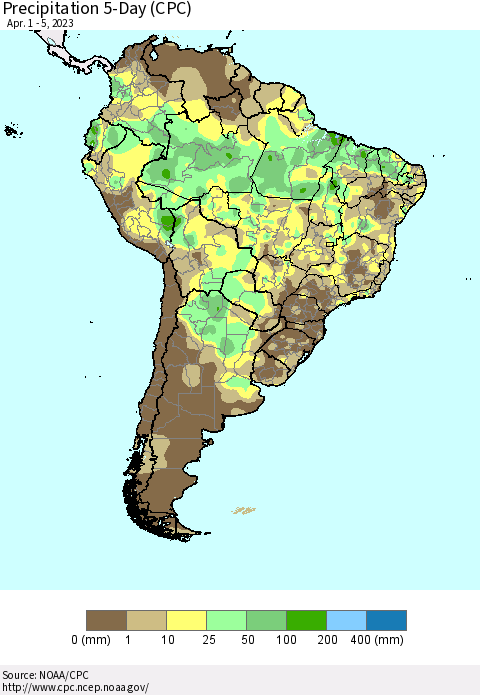 South America Precipitation 5-Day (CPC) Thematic Map For 4/1/2023 - 4/5/2023