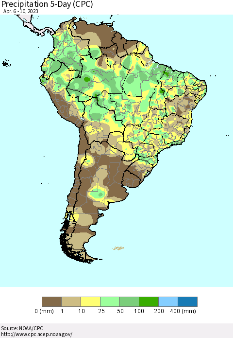 South America Precipitation 5-Day (CPC) Thematic Map For 4/6/2023 - 4/10/2023