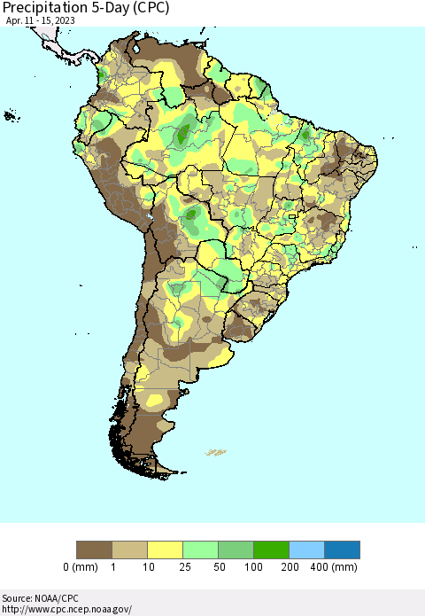 South America Precipitation 5-Day (CPC) Thematic Map For 4/11/2023 - 4/15/2023