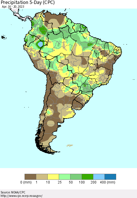 South America Precipitation 5-Day (CPC) Thematic Map For 4/16/2023 - 4/20/2023