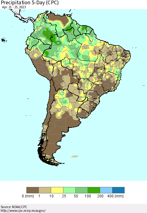 South America Precipitation 5-Day (CPC) Thematic Map For 4/21/2023 - 4/25/2023